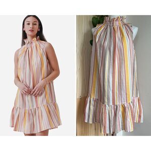 NWT Ephemera Linen Mini Dress $360 Women US 8 Rainbow Sunset‎ Stripe Ruffle Neck